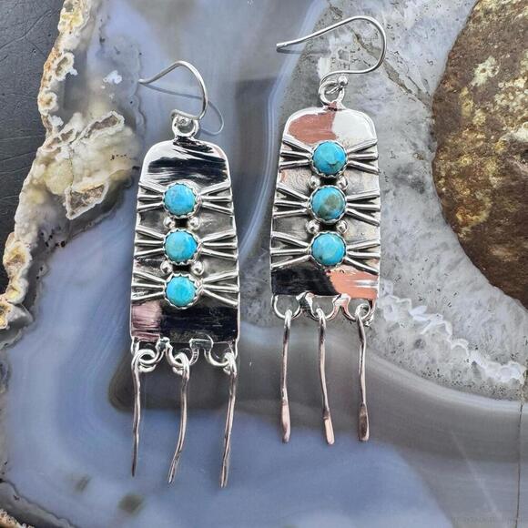 Sterling Silver Southwestern Style 3 Rounded Turquoise Tassel Dangle Earrings